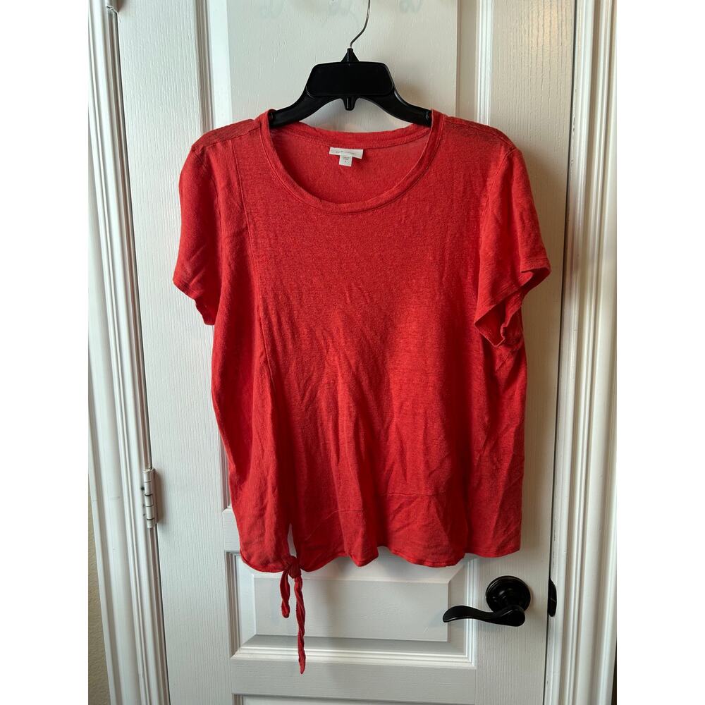 J Jill Red Linen Short Sleeve Tie Front Top